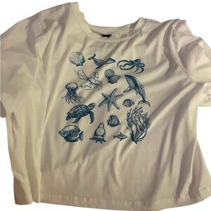 SHEIN White Tee with Blue Ocean Print